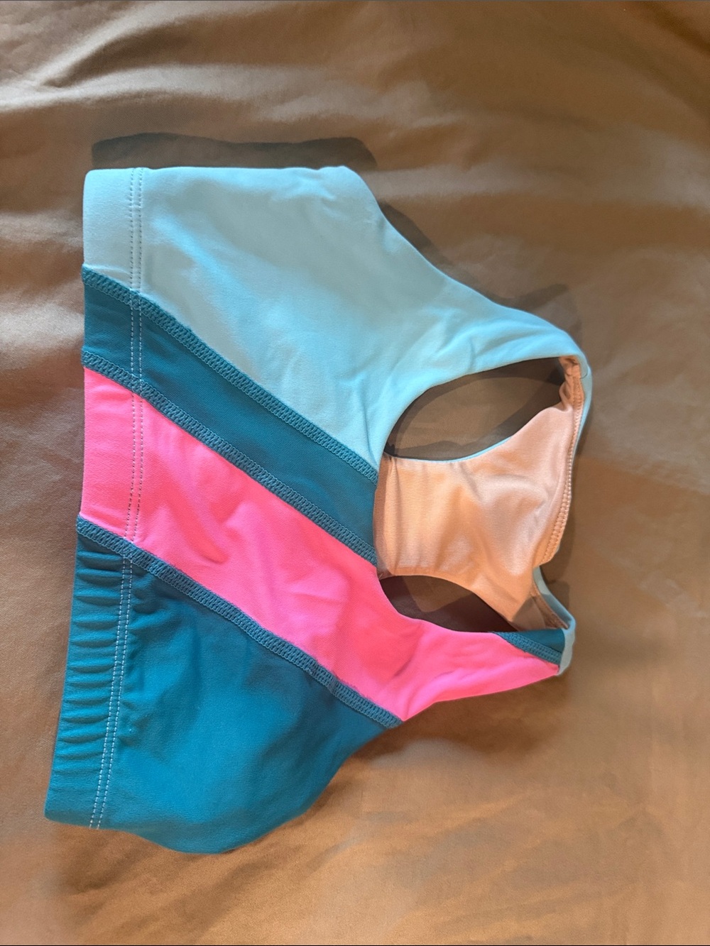 Roxy Colorblock Racerback Dance Crop Top in Light Blue, Teal & Bright Pink